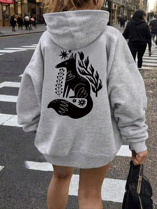 Women's Fox Print Drop Shoulder Drawstring Hoodie, Fashion Casual Pocket Hooded Sweatshirt for Daily Holiday Outdoor...