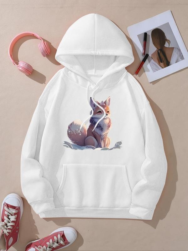 Women's Fox Print Hoodie, Casual Long Sleeve Hooded Sweatshirt for Fall & Winter, Women's Clothes for Daily Wear T-Shirts