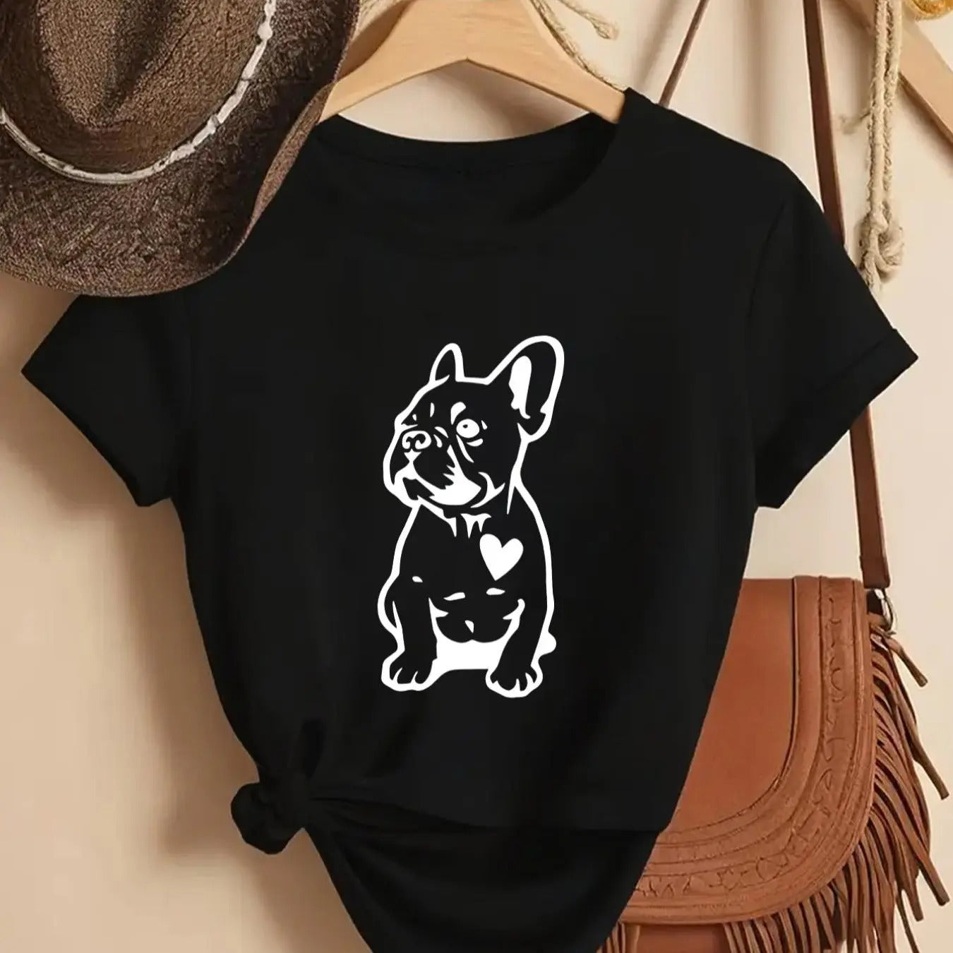 Women's French Bulldog & Heart Print Round Neck Tee, Fashion Casual Crew Neck Short Sleeve T-shirt for Daily Outdoor...