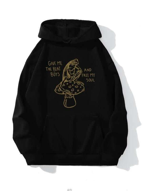 Women's Frog&Mushroom Print Drawstring Drop Shoulder Hoodie, Fashion Casual Hooded Sweatshirt for Daily Holiday Outdoor...