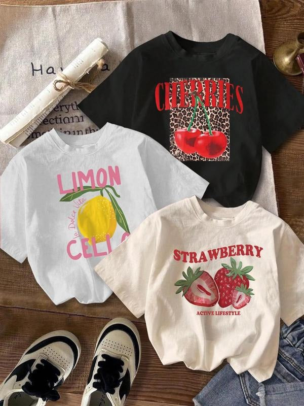 Women's Fruit & Letter Print Round Neck Tee without Shoes, Casual Short Sleeve Crew Neck T-shirt for Summer, Fashion...