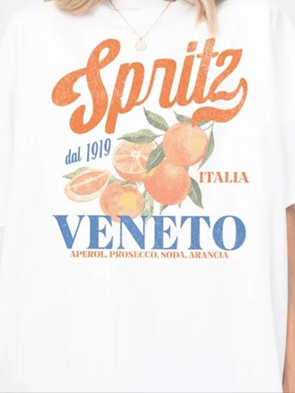 Women's Fruit & Letter Print Round Neck Tee, Casual Short Sleeve Crew Neck T-Shirt for Summer, Fashion Women's Top for...