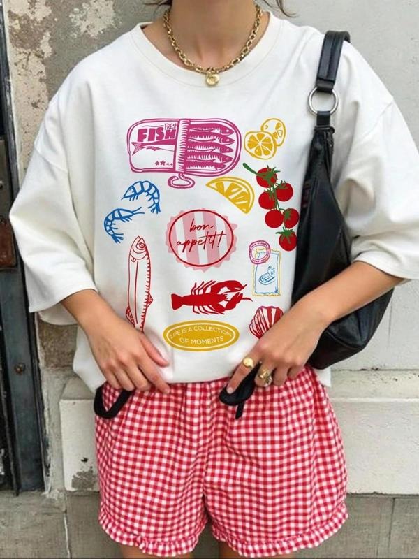 Women's Fruit & Seafood Print Round Neck Sweatshirt, Casual Long Sleeve Crew Neck Pullover for Daily Wear, Ladies Clothes...