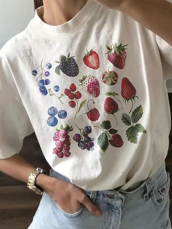 Women's Fruit Print Drop Shoulder Tee, Casual Half Sleeve Round Neck T-shirt for Summer, Women's Top for Daily Wear...