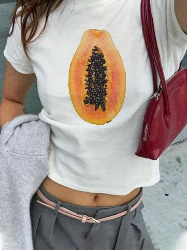 Women's Fruit Print Round Neck Tee, Casual Short Sleeve Crew Neck T-Shirt for Summer, Fashion Women's Top for Daily Wear...