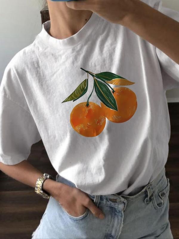 Women's Fruit Print Round Neck Tee, Casual Short Sleeve Crew Neck T-shirt for Summer, Fashion Women's Top for Daily Wear...