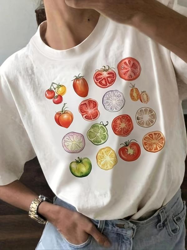 Women's Fruit Print Round Neck Tee, Casual Short Sleeve Crew Neck T-shirt for Summer, Fashion Women's Top for Daily Wear...