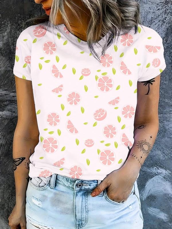 Women's Fruits Print Round Neck Tee, Casual Short Sleeve Crew Neck T-shirt for Daily Wear, Ladies Clothes for All Seasons...