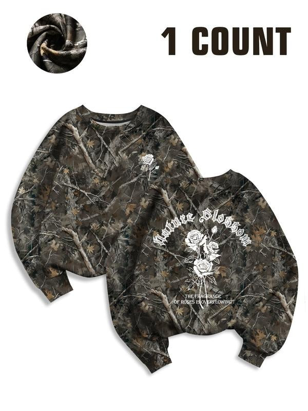 Women's Full Print Branch Round Neck Pullover Sweatshirt, Rose Flower Letter Pattern, Comfortable and Stylish, Casual...