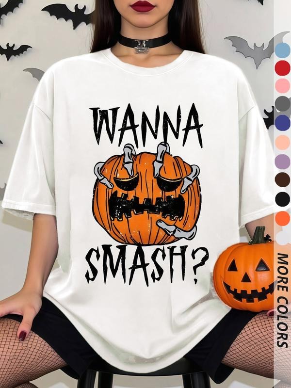 Women's Fun Pumpkin Lantern & Bat Print Halloween T-Shirt, Horror Short Sleeve Top, Perfect for Theme Parties and Daily...