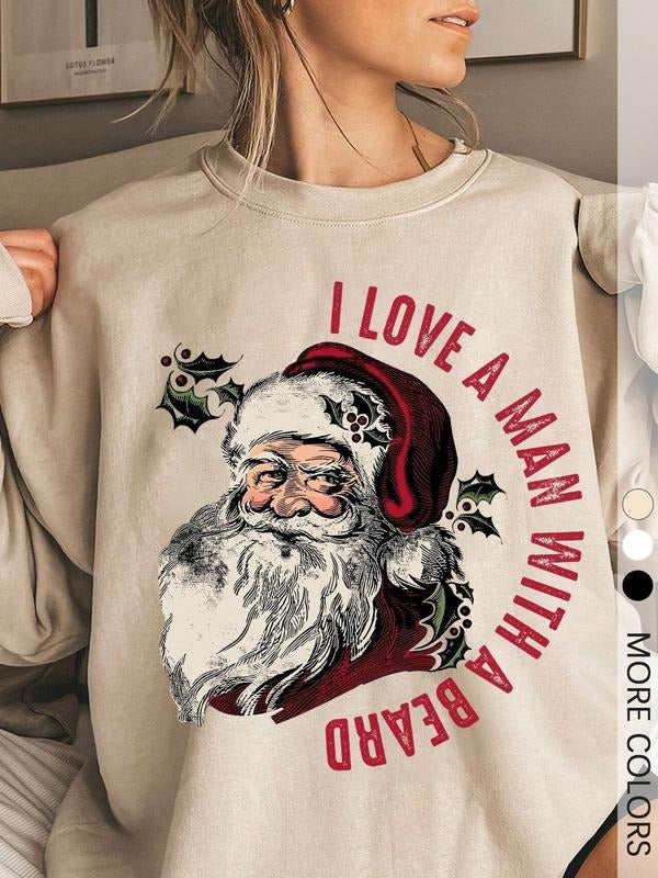 Women's Funny Christmas Sweatshirt with Santa Claus Print and "I Love a Man with a Beard" Slogan, Festive Beige Pullover...