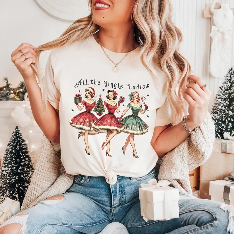 Women's Funny Christmas Tee, Retro Holiday Shirt, All The Jingle Ladies, Xmas Gift for Her, Christmas Party Tee, Festive...