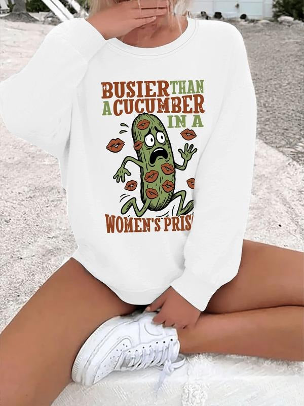 Women's Funny Cucumber Pun Graphic Sweatshirt - "Busier Than Cucumber" Saying & Pickle Design, Grey Casual Crewneck...