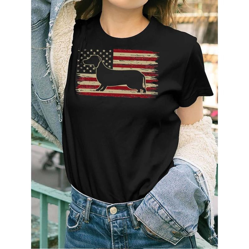 Women's Funny Dachshund Dad Weiner Weenie Patriotic American Flag Graphic T-Shirt