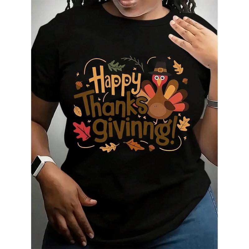 Women's Funny Thanksgiving  Graphic T-Shirt - White,Black Crew Neck Tee With Pumpkin & Autumn Leaves Design - Non-Stretch...