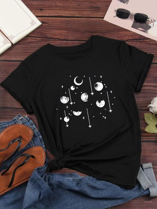 Women's Galaxy Print Round Neck Tee, Casual Short Sleeve Crew Neck T-shirt for Summer, Fashion Women's Top for Daily Wear...