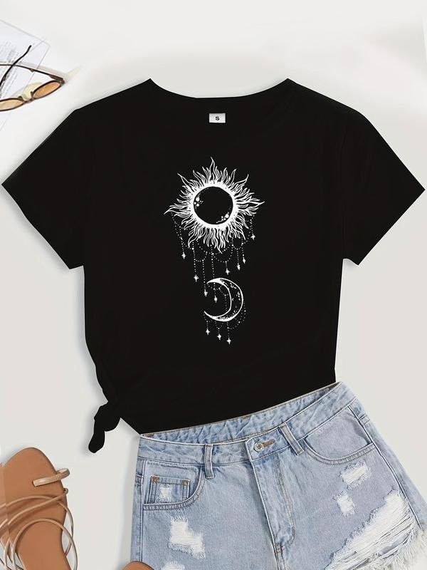 Women's Galaxy Sun & Moon Print Round Neck Tee, Summer Clothes Women, Casual Short Sleeve Crew Neck Printed T-Shirt for...