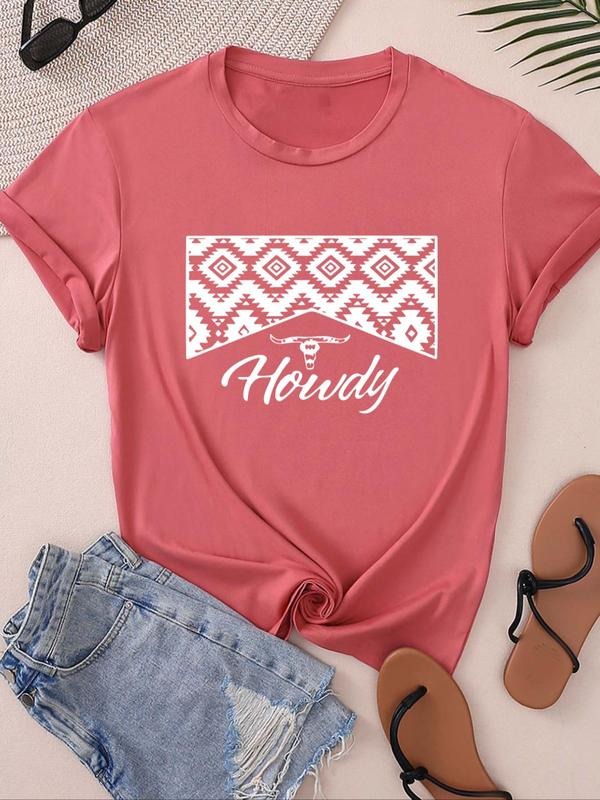 Women's Geometric & Animal Print Round Neck Tee, Trendy Casual Letter Graphic Short Sleeve T-shirt for Daily Wear, Ladies...