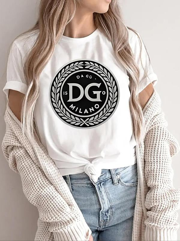Women's Geometric Print Round Neck Tee, Casual Short Sleeve Crew Neck T-Shirt for Summer, Fashion Women's Top for Daily...