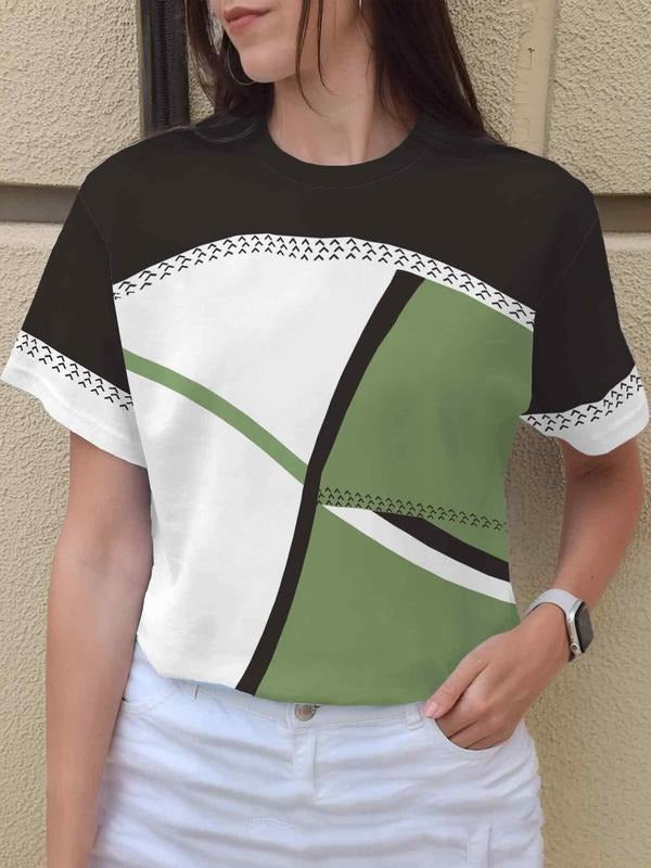 Women's Geometric Print Round Neck Tee, Casual Short Sleeve Crew Neck T-shirt for Daily Wear, Ladies Clothes for All...