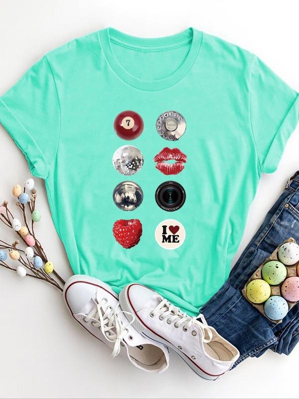 Women's Geometric Print Round Neck Tee, Fashion Casual Crew Neck T-Shirt for Daily Holiday Vacation Outdoor Wear, Ladies...