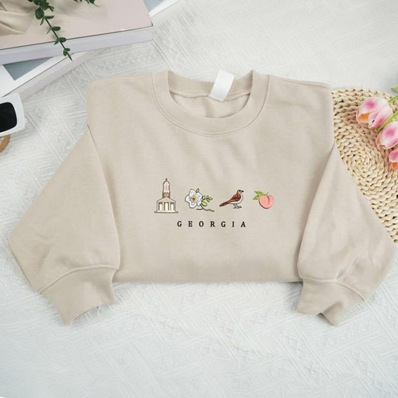 Women's Georgia Cherokee Rose Embroidered Sweatshirt, State Sweatshirt, Georgia 1788 Sweatshirt, Georgia State Crewneck,...