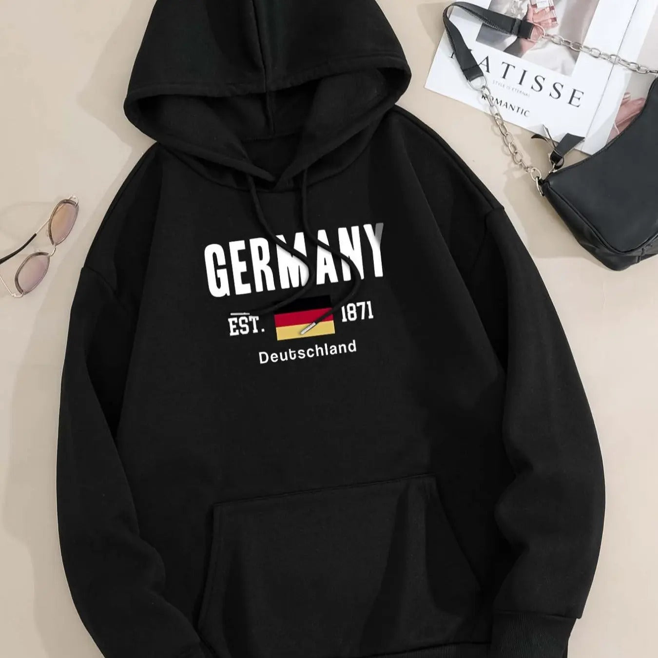 Women's Germany Flag & Letter Print Drop Shoulder Hoodie, Fashion Casual Drawstring Pocket Hooded Sweatshirt for Daily...