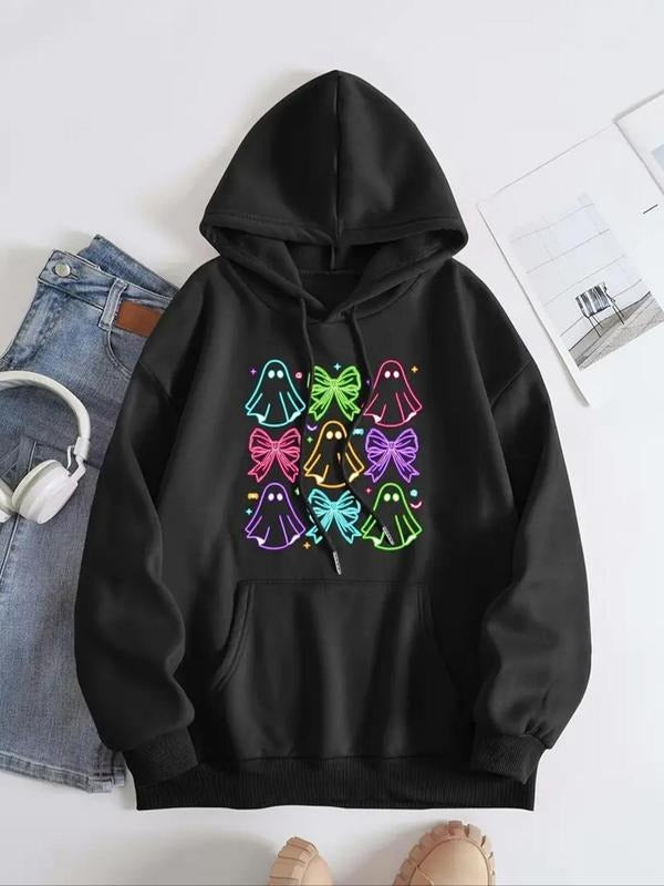 Women's Ghost & Bow Print Drop Shoulder Hoodie, Fashion Casual Drawstring Pocket Hooded Sweatshirt for Daily Holiday...