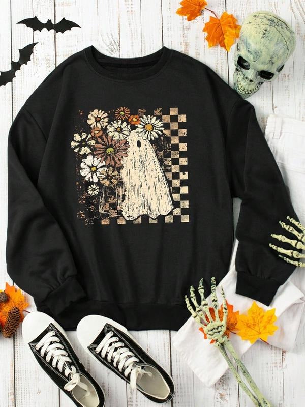 Women's Ghost & Floral Plaid Print Regular Fitting Round Neck Sweatshirt, Casual Basic Long-Sleeved Top Suitable for...