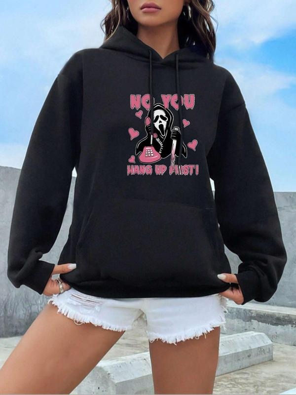 Women's Ghost & Letter Print Drop Shoulder Drawstring Hoodie, Fashion Casual Kangaroo Pocket Hooded Sweatshirt for Daily...