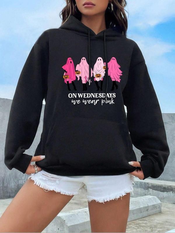 Women's Ghost & Letter Print Drop Shoulder Drawstring Hoodie, Fashion Casual Pocket Hooded Sweatshirt for Daily Holiday...