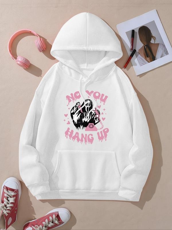 Women's Ghost & Letter Print Drop Shoulder Hoodie, Fashion Casual Drawstring Pocket Hooded Sweatshirt for Daily Holiday...