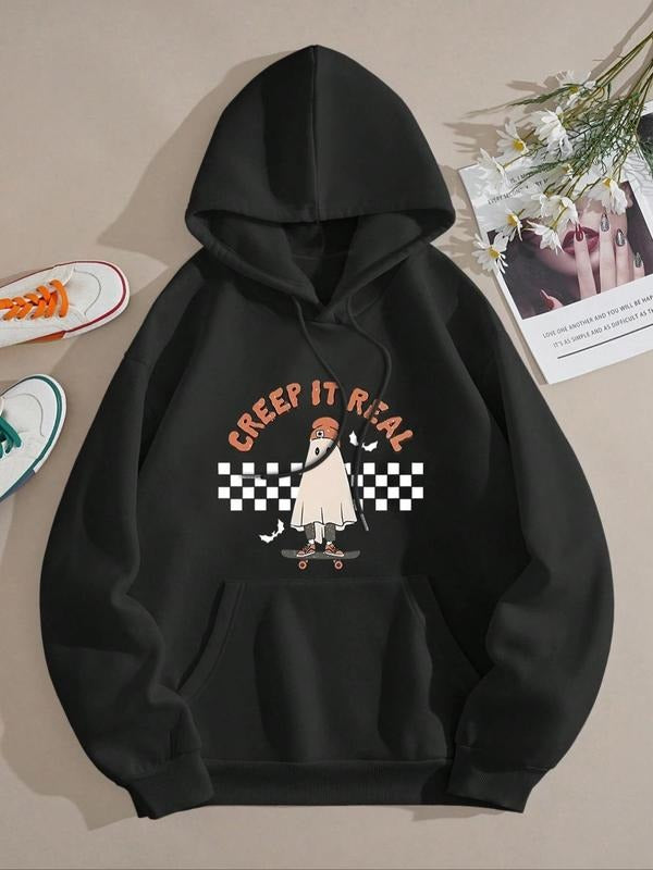 Women's Ghost & Letter Print Drop Shoulder Hoodie, Fashion Casual Drawstring Pocket Hooded Sweatshirt for Daily Holiday...