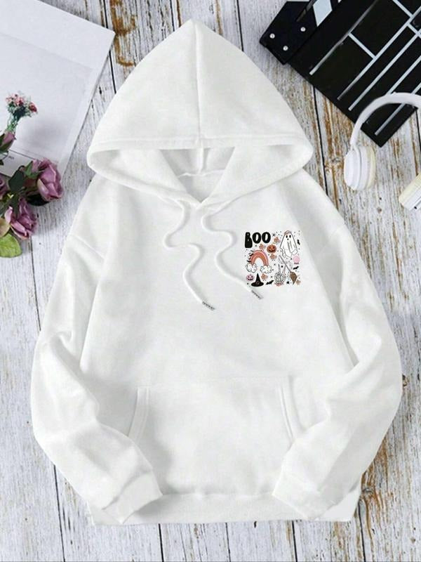 Women's Ghost & Letter Print Drop Shoulder Hoodie, Fashion Casual Drawstring Pocket Hooded Sweatshirt for Daily Holiday...