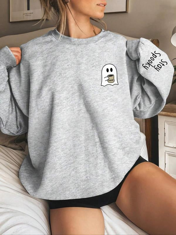 Ghost & Letter Print Drop Shoulder Casual Long Sleeve Round Neck Halloween Fall & Winter Clothes Daily T-Shirts, Hoodie, Sweatshirt