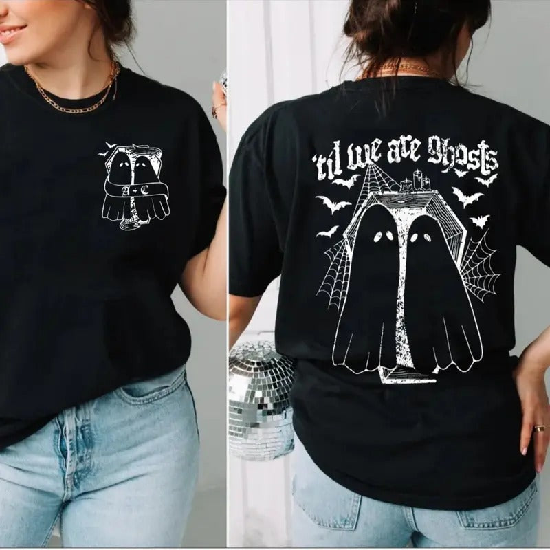 Women's Ghost & Letter Print Drop Shoulder Tee, Casual Short Sleeve Round Neck T Shirt, Spooky Season Shirt, Unisex Short...