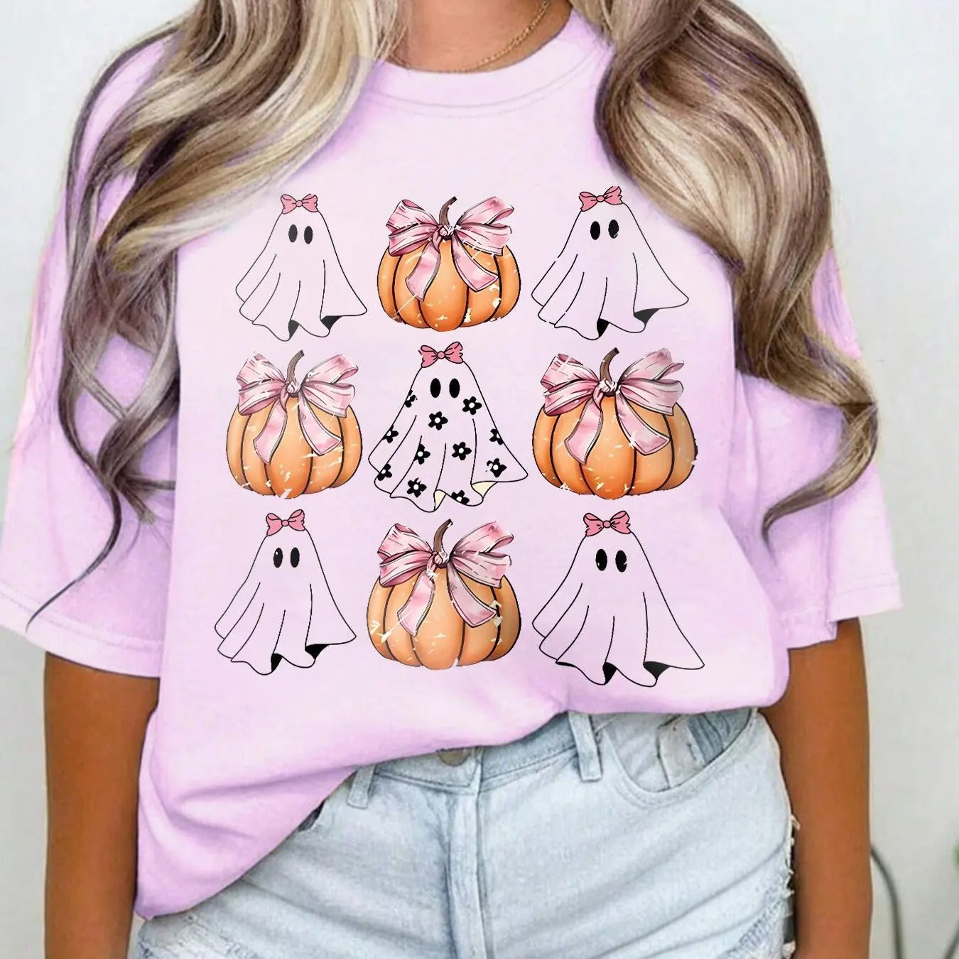 Women's Ghost & Letter Print Round Neck Tee, Casual Short Sleeve Crew Neck T-Shirt for Summer, Fashion Women's Top for...