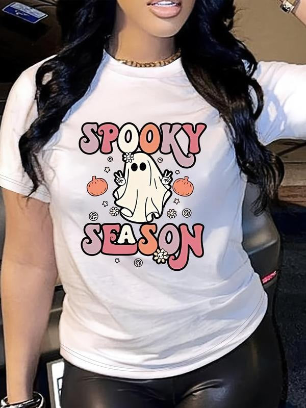 Women's Ghost & Letter Print Round Neck Tee, Fashion Casual Crew Neck T-Shirt for Daily Holiday Vacation Outdoor Wear,...
