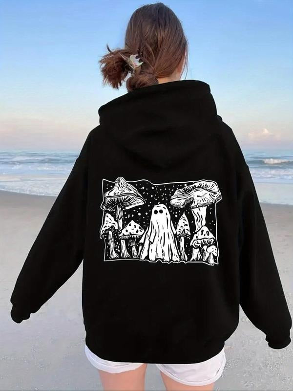 Women's Ghost & Mushroom Print Drop Shoulder Hoodie, Fashion Casual Drawstring Pocket Hooded Sweatshirt for Daily Holiday...
