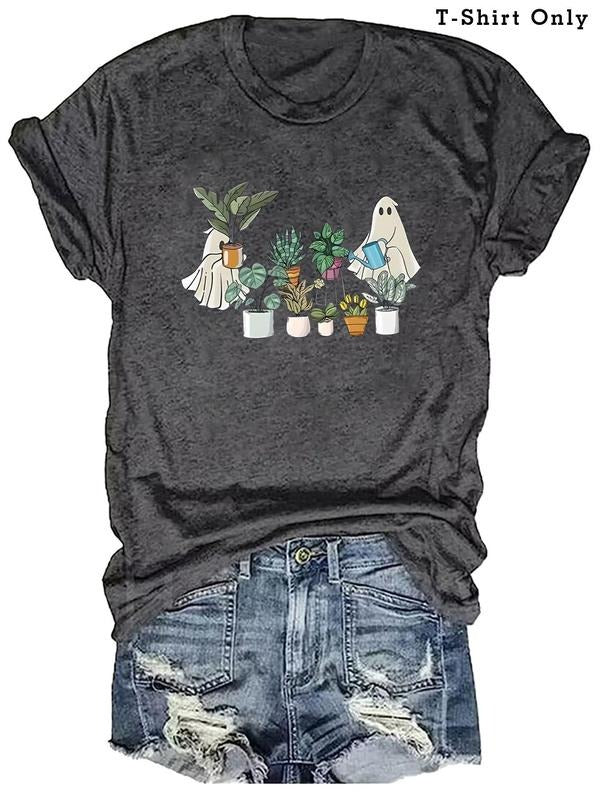 Women's Ghost & Plants Print Round Neck Tee, Casual Short Sleeve Crew Neck T-shirt for Summer, Fashion Women's Top for...