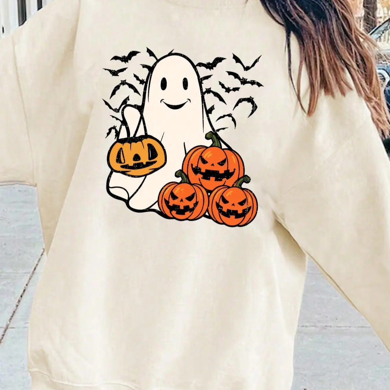 Women's Ghost & Pumpkin & Bat Print Sweatshirt, Casual Long Sleeve Pullover for Daily Wear, Ladies Fall & Winter Clothes...