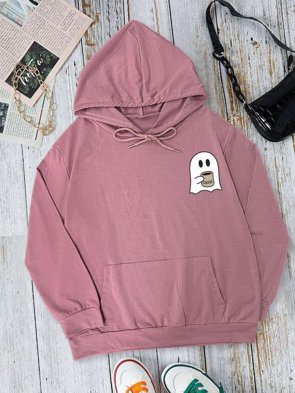 Ghost Print Drawstring Pocket Casual Long Sleeve Hooded Fall & Winter Clothes Daily T-Shirts, Hoodie, Sweatshirt