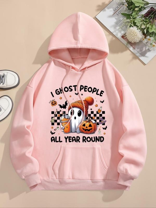 Women's Ghost Print Drop Shoulder Hoodie, Fashion Casual Drawstring Pocket Hooded Sweatshirt for Daily Holiday Outdoor...