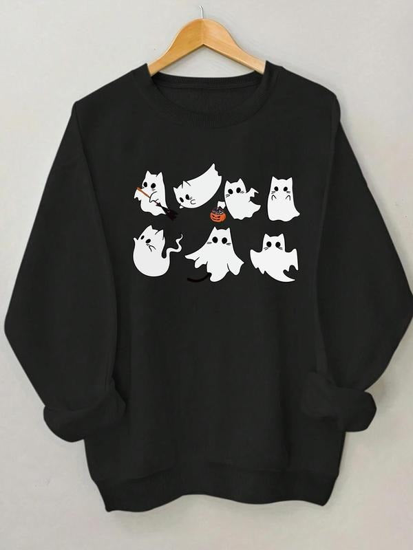 Women's Ghost Print Round Neck Sweatshirt, Casual Long Sleeve Crew Neck Pullover for Fall & Winter, Women's Clothes for...