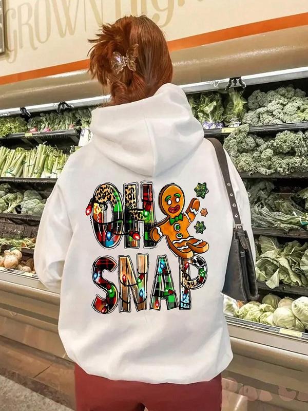 Women's Gingerbread Man & Letter Print Drop Shoulder Hoodie, Fashion Casual Drawstring Pocket Hooded Sweatshirt for Daily...