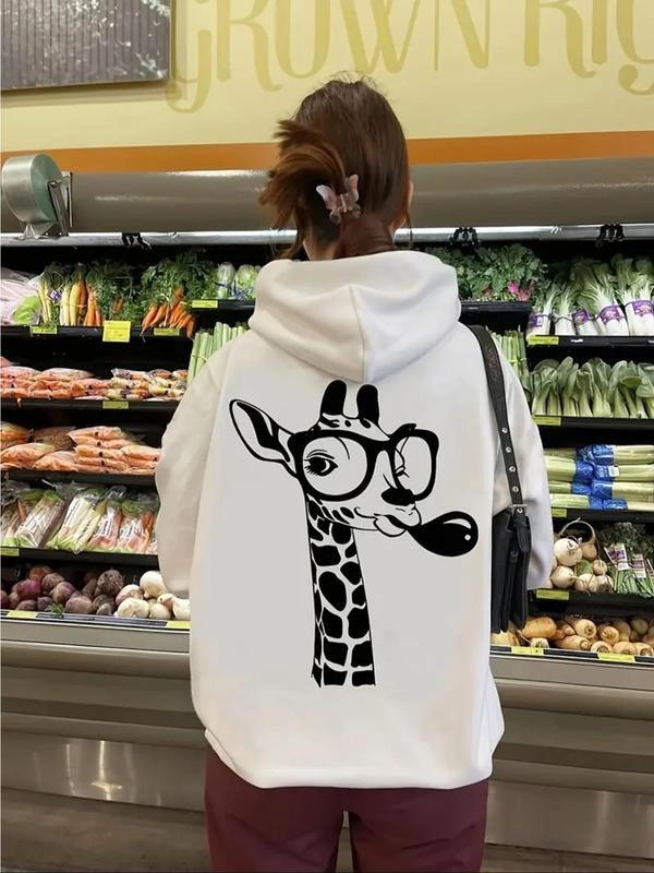 Women's Giraffe Print Drop Shoulder Hoodie, Fashion Casual Drawstring Pocket Hooded Sweatshirt for Daily Holiday Outdoor...