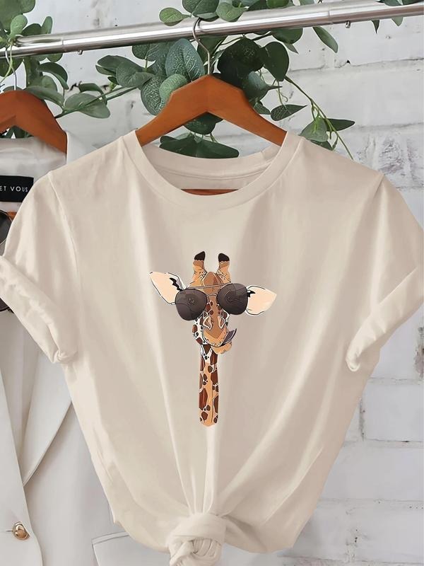 Women's Giraffe Print Round Neck Tee, Fashion Casual Crew Neck T-Shirt for Daily Holiday Vacation Outdoor Wear, Ladies...