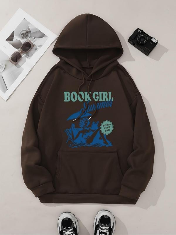 Women's Girl & Letter Print Drop Shoulder Hoodie, Fashion Casual Drawstring Pocket Hooded Sweatshirt for Daily Holiday...