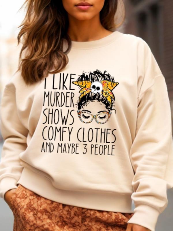 Women's Girl & Letter Print Round Neck Graphic Sweatshirt, Trendy Casual Long Sleeve Pullover For Spring & Fall, Women's...