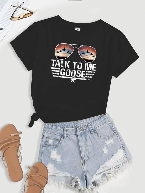 Women's Glasses & Letter Print Round Neck Tee, Short Sleeve Graphic T-shirt For Summer, Women's Top For Daily Wear...